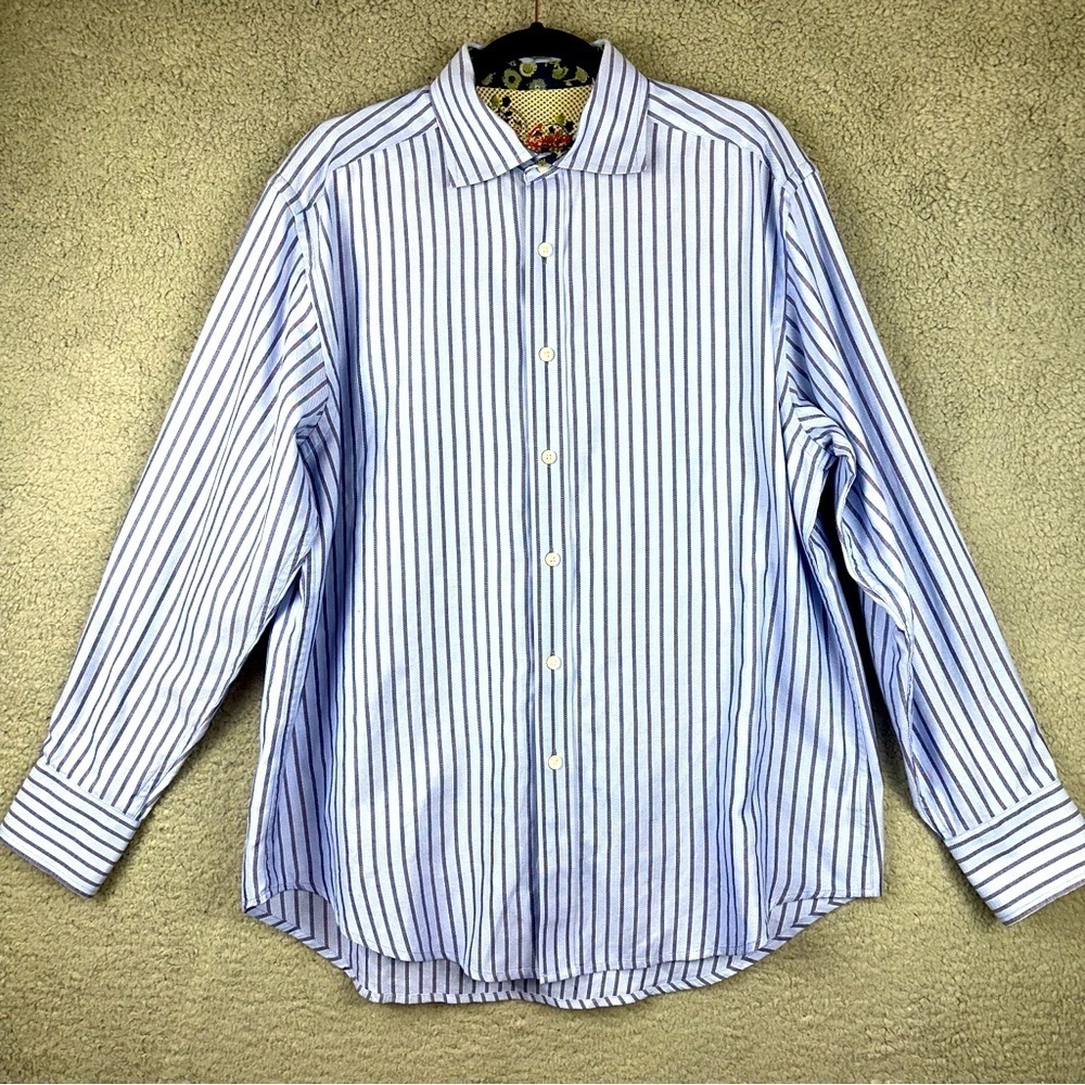 Robert Graham Shirt Mens Large Blue Herringbone Stripe Classic Flip Cuff Luxury